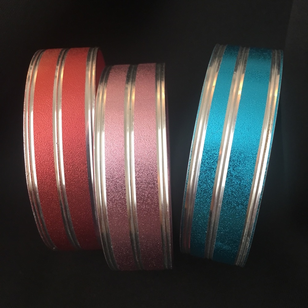 Set of 3 Metal Bangles: Salmon, Pink & Turquoise